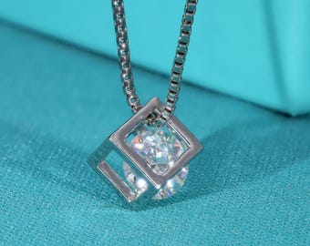 Lab Grown Diamond Free Diamond Pendant for Her, Cube Shape Diamond Pendant, Handmade Diamond Pendant for Gift, Art Deco Diamond Pendant Gift