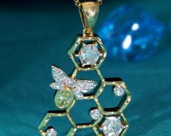 Honey Bee Shape Lab Grown Diamond Pendant, Fancy Yellow Honey Bee and Hexagon Diamond, Nature Inspired Pendant for Her, Handmade Jewelry