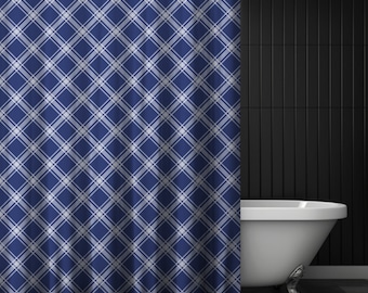 Blue Plaid Shower Curtain, Blue and White Shower Curtain, Simple Bathroom Decor, Plaid Bathroom Decor