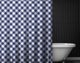 Blue Plaid Shower Curtain, Blue and White Shower Curtain, Farmhouse Decor, Plaid Bathroom Decor