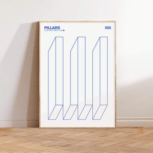 PILLARS Blue 3d Illusion Art Contemporary Poster | Architecture Art | Geometric Wall Art | Abstract Artwork | Mid Century Modern Art Print