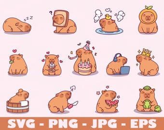 Niedliche Capybara SVG Bundle, Sofortiger digitaler Download für Cricut & Silhouette, digitale Aufkleber, niedliche Capybara PNG, Kawaii Tier Illustration !!