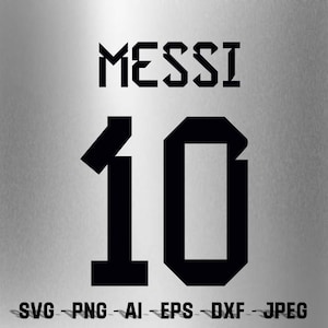 May include: Black and white graphic design of the name "MESSI" with the number "10" in a bold, blocky font. The design is on a silver background.