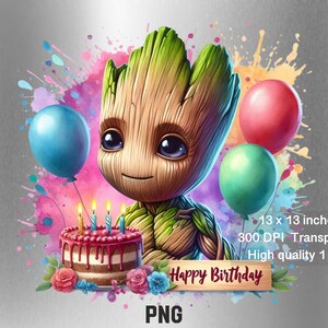 以下が含まれることがあります： 緑と茶色のキャラクターが、ろうそくが灯った誕生日ケーキを持っている、漫画のイラスト。キャラクターはカラフルな風船と水彩画の背景に囲まれている。「Happy Birthday」という文字が木製の看板に書かれている。