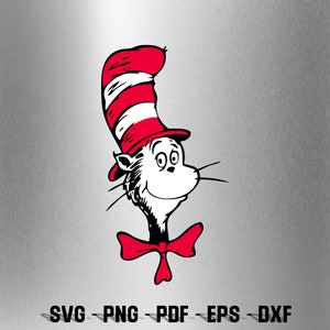 Op de afbeelding: Een zwart-witte illustratie van de Kat in de Hoed uit het kinderboek van Dr. Seuss. De Kat draagt ​​een rood-wit gestreepte hoed met een rode strik.