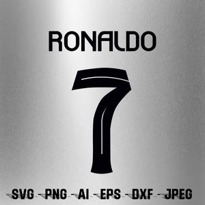 May include: Black and white graphic design of the number 7 with the word "RONALDO" above it. The design is on a silver background with the text "SVG - PNG - AI - EPS - DXF - JPEG" below the number.