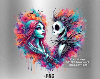 Jack y Sally Splash y Acuarela Diseño digital Archivo PNG para sublimación - Alta resolución -Descarga PNG digital instantánea !!