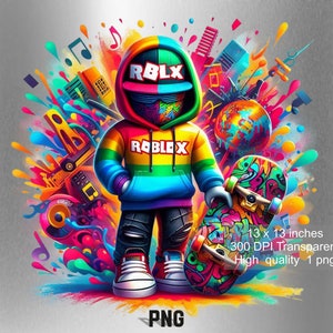 Peut inclure: Une illustration numérique colorée d'un personnage de dessin animé portant un sweat à capuche arc-en-ciel avec le mot "ROBLOX" dessus. Le personnage tient une planche à roulettes avec des graffitis colorés. L'arrière-plan est rempli d'éclaboussures de peinture colorées et de notes de musique.