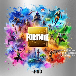May include: A colorful digital illustration of various characters from the popular video game Fortnite. The characters are surrounded by a watercolor-like background with splashes of color. The word "Fortnite" is prominently displayed in a gold box in the center of the image.
