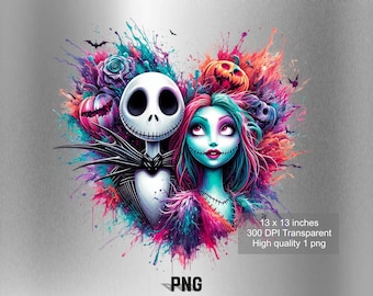 Jack y Sally Splash y Acuarela Diseño digital Archivo PNG para sublimación - Alta resolución -Descarga PNG digital instantánea !!