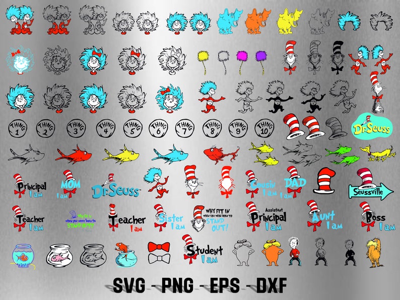 Op de afbeelding: Een verzameling kleurrijke digitale snijbestanden met personages uit het Dr. Seuss-boek, De Kat met de Hoed. De afbeeldingen bevatten De Kat met de Hoed, Ding 1 en Ding 2, de Lorax en andere personages. De afbeeldingen zijn in SVG, PNG, EPS en DXF-formaten.