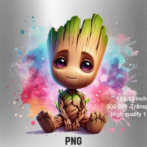 May include: A digital illustration of a cartoon character, Groot from Guardians of the Galaxy, sitting with a watercolor background. The character is green, brown, and has a friendly expression. The background is a mix of pink, blue, and purple.