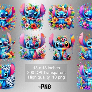 10 PNG Stitch Splash en aquarel digitaal ontwerp PNG-bestand voor sublimatie - hoge resolutie - instant digitale PNG downloaden, tshirt ontwerpen