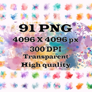 May include: A digital art graphic featuring 91 PNG watercolor splashes in various colors, including pink, blue, green, and yellow. The image is 4096 x 4096 pixels at 300 DPI, transparent, and high quality.