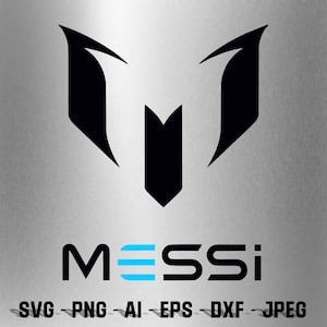 May include: Black and white silhouette of the letter "M" with a stylized design. The word "MESSI" is written below the letter in black with three blue stripes in the "E". The text "SVG - PNG - AI - EPS - DXF - JPEG" is written below the word "MESSI".