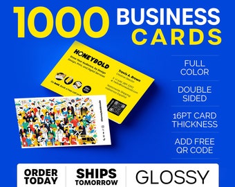 May include: 1000 business cards with a yellow and black design. The card features a colorful illustration of people wearing masks and a logo that says "Honeybold". The text "Grow Your Audience, by Design" is also on the card. The card is printed on 16pt card stock and includes a free QR code.