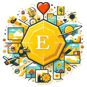 May include: A yellow hexagonal shape with the letter "E" in white in the center. The shape is surrounded by a variety of colorful illustrations, including a heart, a globe, a planet, and flowers.
