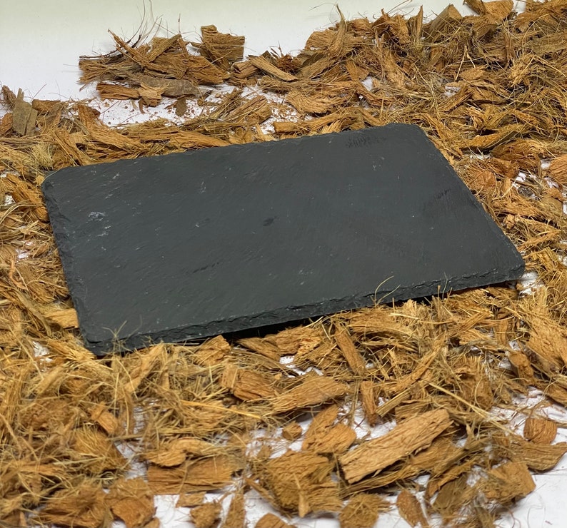 May include: A black slate serving board or tray on a bed of brown coconut husk fibers.