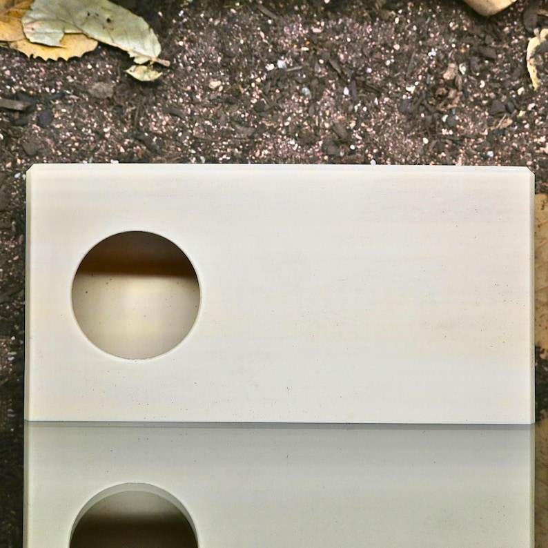 May include: An off-white rectangular ceramic soap dish with a circular hole. The dish has a smooth surface and a slight reflection. The background is dark soil and fallen leaves.