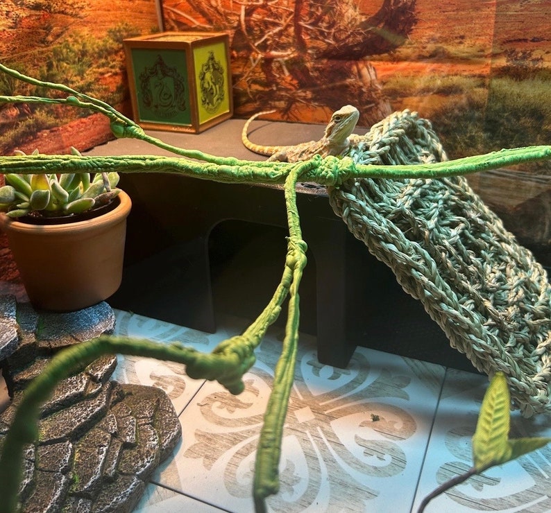 May include: A green leafy plant in a brown pot sits on a black platform with a beige knitted hammock. A lizard is resting in the hammock. The platform is on a tiled floor with white and gray tiles.
