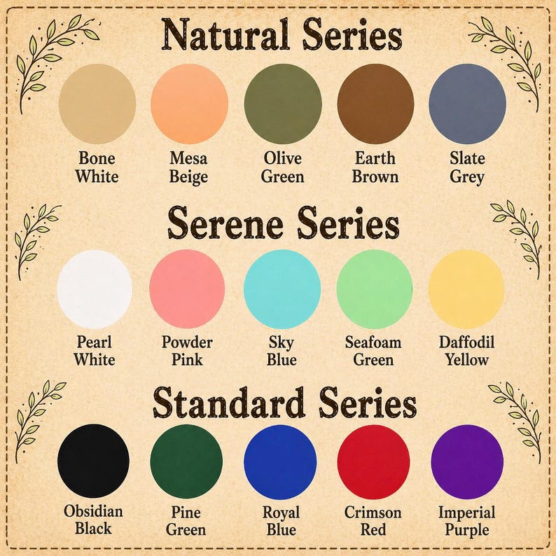 May include: A colour chart displaying three series: Natural, Serene, and Standard. Each series shows a range of colours, including Bone White, Mesa Beige, Olive Green, Earth Brown, Slate Grey, Pearl White, Powder Pink, Sky Blue, Seafoam Green, Daffodil Yellow, Obsidian Black, Pine Green, Royal Blue, Crimson Red, and Imperial Purple.