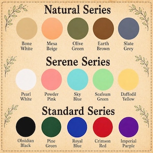 Op de afbeelding: Een kleurenkaart met drie series: Natural, Serene en Standard. Elke serie toont een reeks kleuren, waaronder Bone White, Mesa Beige, Olive Green, Earth Brown, Slate Grey, Pearl White, Powder Pink, Sky Blue, Seafoam Green, Daffodil Yellow, Obsidian Black, Pine Green, Royal Blue, Crimson Red en Imperial Purple.