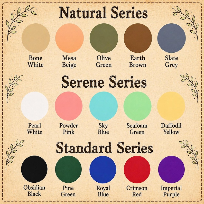 Op de afbeelding: Een kleurenkaart met drie series: Natural, Serene en Standard. Elke serie toont een reeks kleuren, waaronder Bone White, Mesa Beige, Olive Green, Earth Brown, Slate Grey, Pearl White, Powder Pink, Sky Blue, Seafoam Green, Daffodil Yellow, Obsidian Black, Pine Green, Royal Blue, Crimson Red en Imperial Purple.