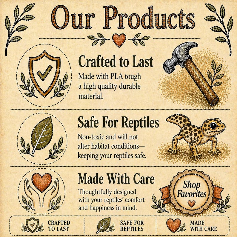May include: An illustrated advertisement with the title "Our Products." The advertisement highlights product features: "Crafted to Last," "Safe For Reptiles," and "Made With Care." Decorative elements include a hammer, a gecko, and a shield.