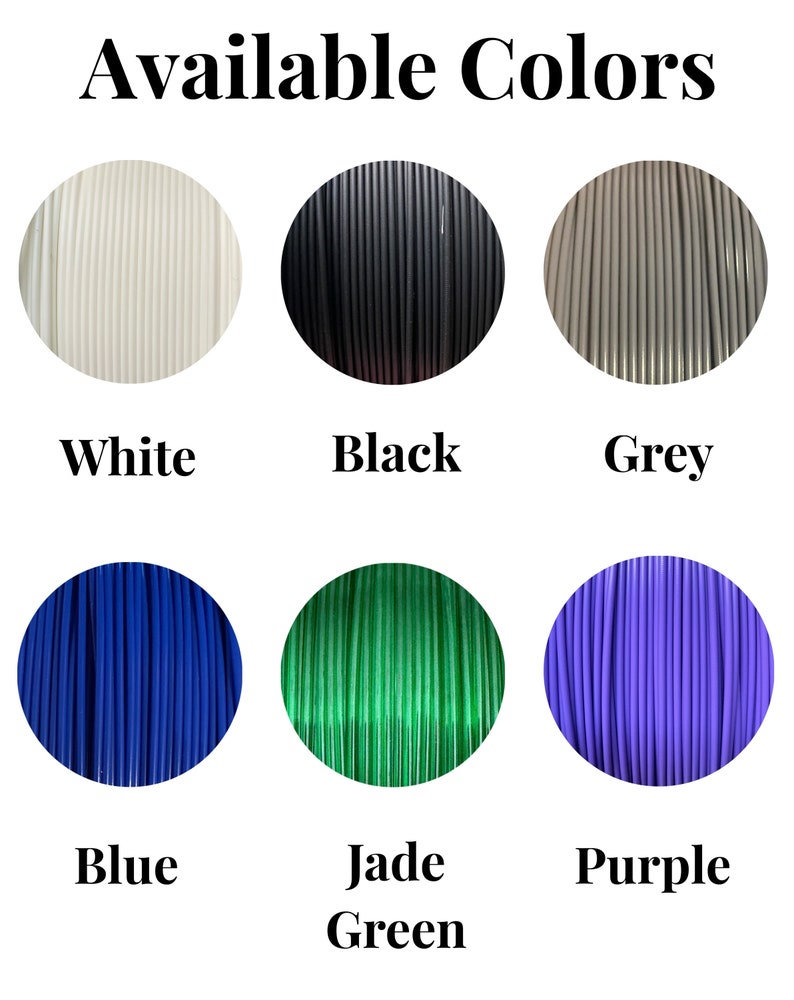May include: Available colors for filament: white, black, grey, blue, jade green, and purple.