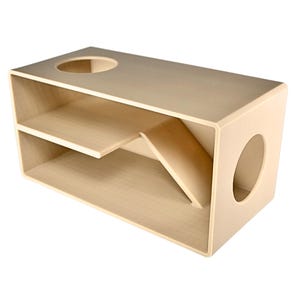 May include: A light-coloured wooden pet house with a rectangular shape. It features a circular opening on top and a round opening on the side. Inside, there are shelves and a ramp for the pet to climb.