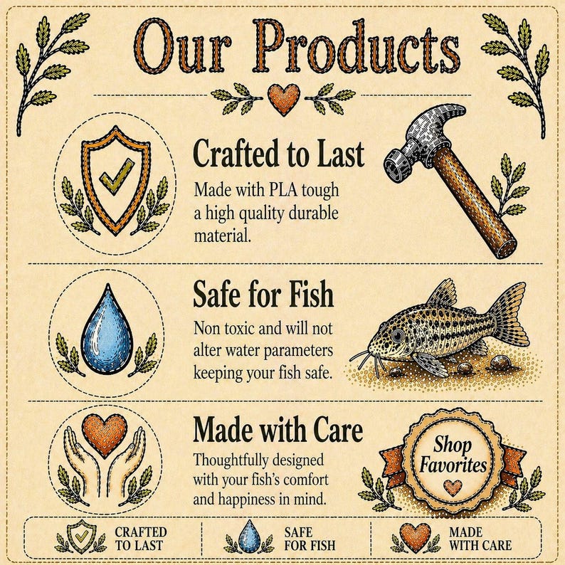 Op de afbeelding: Ge&iuml;llustreerde advertentie met de tekst "Onze producten". De advertentie toont een hamer, een schild met een vinkje, een waterdruppel en een meerval. Tekst bevat "Gemaakt om lang mee te gaan", "Veilig voor vissen" en "Met zorg gemaakt".