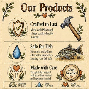 May include: An illustrated advertisement with the text "Our Products." The ad features a hammer, a shield with a checkmark, a water droplet, and a catfish. Text includes "Crafted to Last," "Safe for Fish," and "Made with Care."