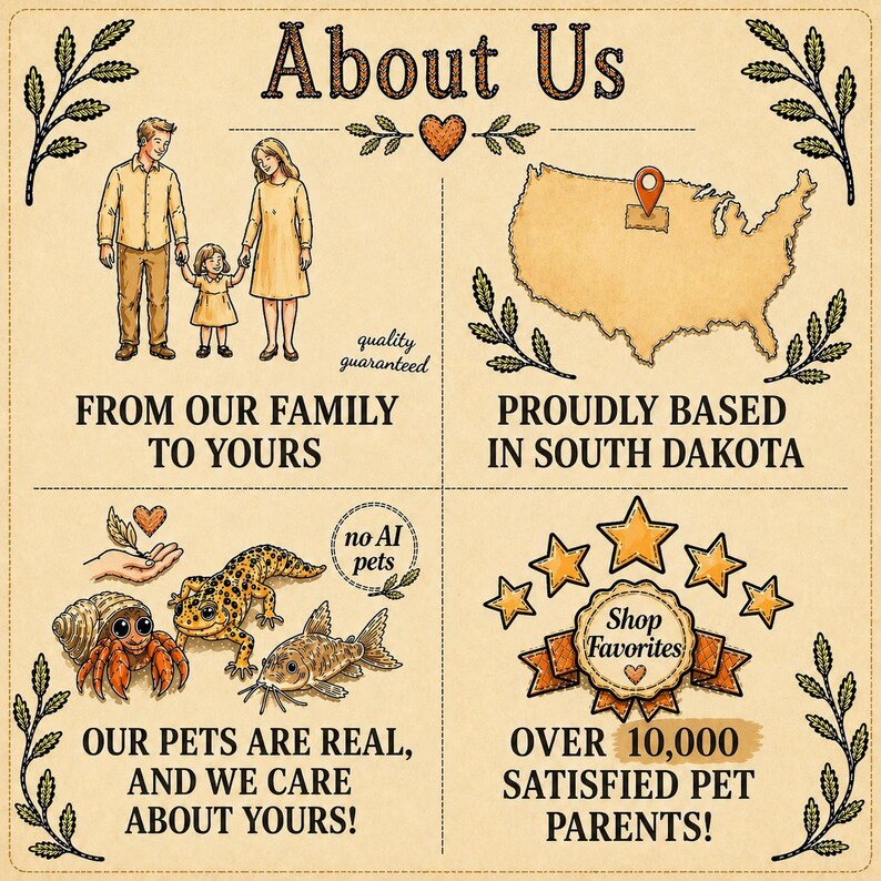 Op de afbeelding: Een vintage-stijl grafiek met de tekst "About Us" en illustraties. Het bevat een gezin, een kaart van South Dakota, verschillende huisdieren en de tekst "From Our Family To Yours" en "Our Pets Are Real, And We Care About Yours!"