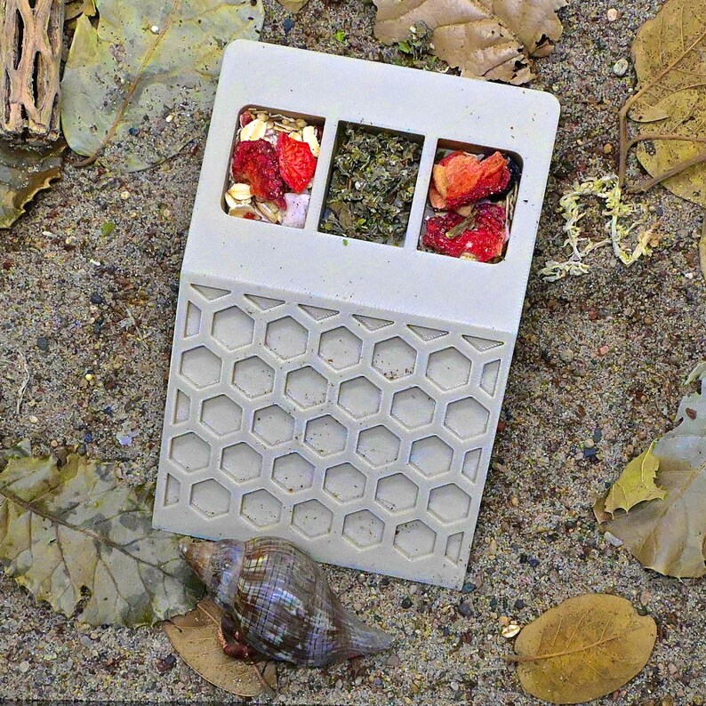 May include: A light gray, rectangular food tray with three compartments filled with dried fruit and herbs. The tray has a honeycomb pattern on the lower section. A seashell rests near the tray on a sandy surface with leaves.