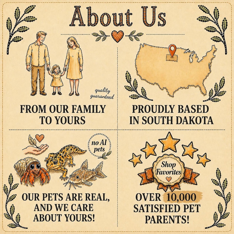 May include: A vintage-style graphic with the text "About Us" and illustrations. It features a family, a map of the USA with a pin in South Dakota, and various pets. The text includes "From Our Family To Yours" and "Over 10,000 Satisfied Pet Parents!"