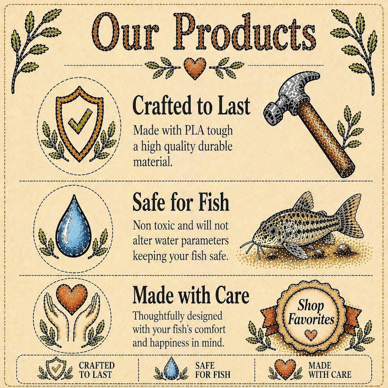 May include: An illustrated advertisement with the text "Our Products." The ad features a hammer, a shield with a checkmark, a water droplet, and a catfish. Text includes "Crafted to Last," "Safe for Fish," and "Made with Care."