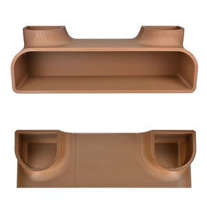 May include: A two-piece, brown, rectangular shelf unit with rounded corners and two raised end sections. The shelf has a long, open compartment and is designed for wall mounting. The unit is made of a solid, smooth material.