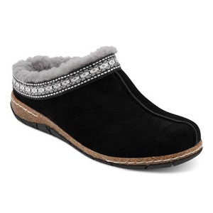 May include: Black suede clog with a gray and white embroidered trim and a brown sole.