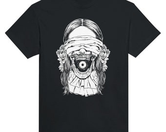 Könnte beinhalten: Schwarzes T-Shirt mit einem weißen Grafikdruck einer Frau mit verbundenen Augen und einem großen Auge in ihrem offenen Mund.