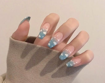 Blue and Pink Fake Nails Cloud and Stars Pattern