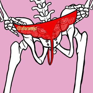 Puede incluir: Un esqueleto con ropa interior de encaje roja con el texto "@aforamyz" en ella.