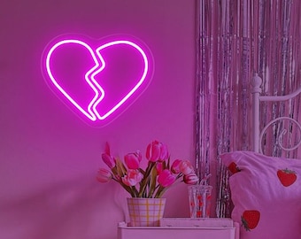 Letreiro de neon com coração partido: decoração rosa para quarto Y2K