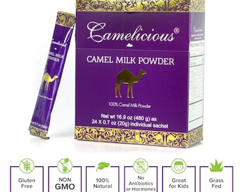 Kamelmilchpulver Camelicious 480g Box (24 Päckchen x 20g pro Stück) Nicht-GMO, Glutenfrei, Geringer Laktosegehalt - Kurzzeitpasteurisiert, Längere Haltbarkeit