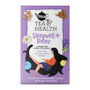 May include: Purple box of Trice Tea & Health Sleepwell+ Relax caffeine free herbal supplement tea bags. The box features an illustration of a woman sleeping under a starry sky. The ingredients are listed as chamomile, lavender, rose, and valerian. The box contains 20 unbleached biodegradable tea bags and weighs 1.05 ounces (30 grams).