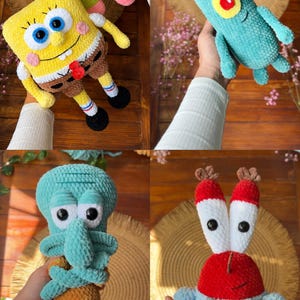 May include: A collection of four plush crochet toys featuring characters from a cartoon series. The set includes a yellow square sponge, a pink starfish, a teal one-eyed organism with antennae, a teal cephalopod, and a red crab with large claws.