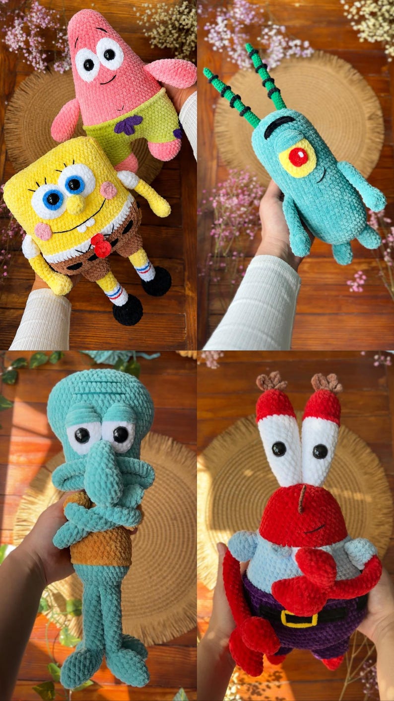 May include: A collection of four plush crochet toys featuring characters from a cartoon series. The set includes a yellow square sponge, a pink starfish, a teal one-eyed organism with antennae, a teal cephalopod, and a red crab with large claws.