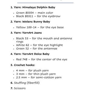 May include: A document titled Materials and Tools Required listing yarn brands including Himalaya Dolphin Baby, Wolans Bunny Baby, YarnArt Jeans, and YarnArt Dolce Baby in various colors, plus crochet hooks in 4 mm, 3 mm, and 2.5 mm, fiberfill, scissors, stitch markers, and sewing pins.