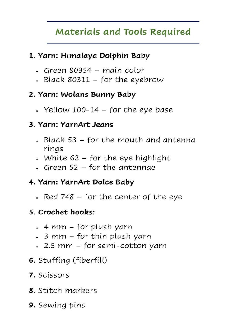 May include: A document titled Materials and Tools Required listing yarn brands including Himalaya Dolphin Baby, Wolans Bunny Baby, YarnArt Jeans, and YarnArt Dolce Baby in various colors, plus crochet hooks in 4 mm, 3 mm, and 2.5 mm, fiberfill, scissors, stitch markers, and sewing pins.