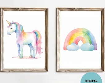 Rainbow Unicorn Nursery Decor: Watercolor Print for Girls' Room, Digital Print, Whimsical Wall Art, Rainbow Unicorn Theme, Ready to Frame