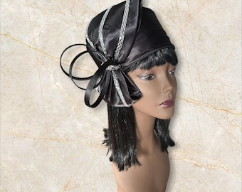 Elegant pill box. Black satin ladies hat. All season. Ready to ship!!